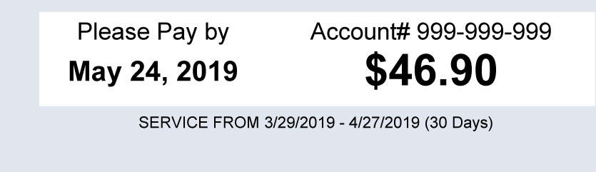 Image of section of bill that shows due date, account number and service period.