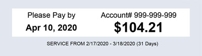 Image that shows how the bill due date and amount owed is listed at the top of the bill in that order.