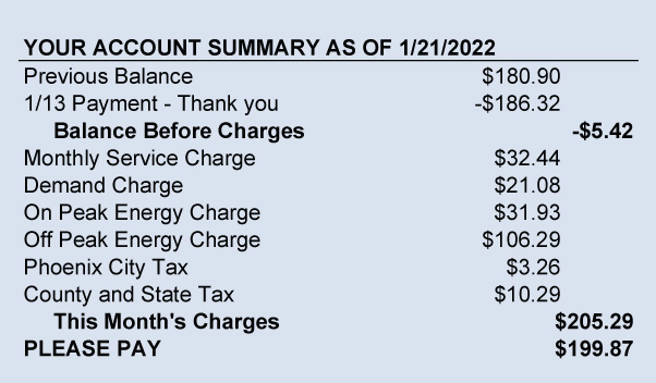 Image of the table that appears on the bill showing all the various charges.