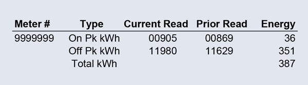 Image of the portion of the bill showing how much energy you used in a table.