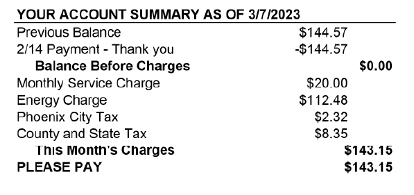 Image of the account summary portion of the bill which includes: The charges for the current month, including discounts, previous charges, payments and current balance due, are listed here. Local and state taxes are also shown.