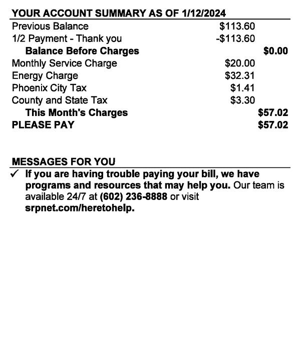 Image of the account summary portion of the bill which includes: The charges for the current month, including discounts, previous charges, payments and current balance due, are listed here. Local and state taxes are also shown.