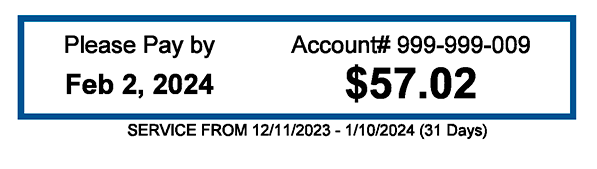 Image that shows how the bill due date and amount owed is listed at the top of the bill in that order.