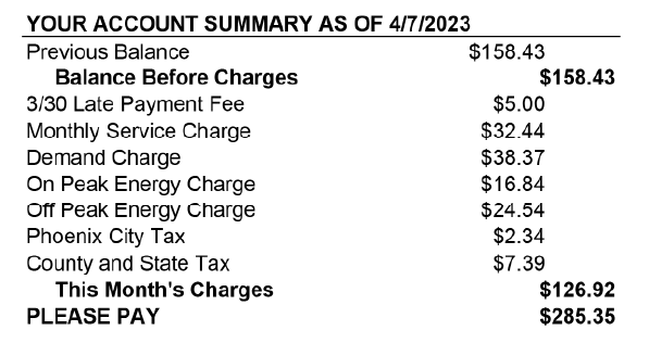 Image of the table that appears on the bill showing all the various charges.