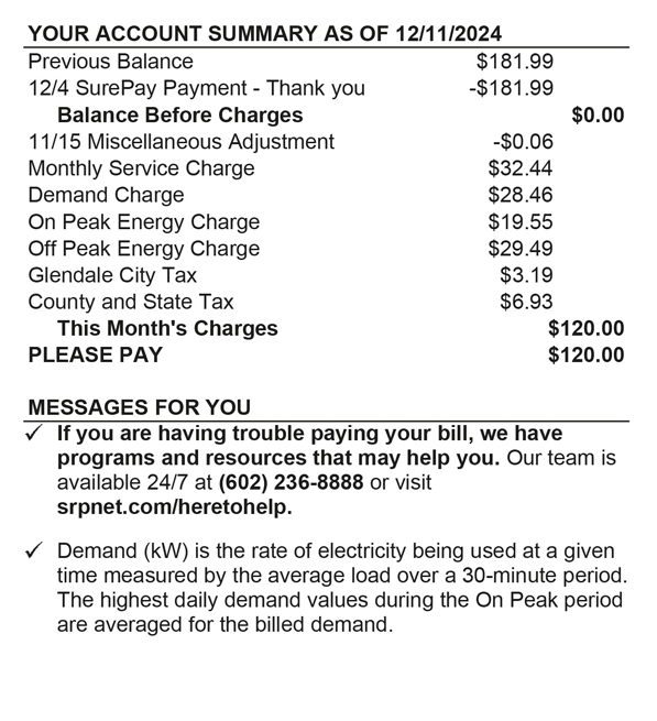 Image of the table that appears on the bill showing all the various charges.