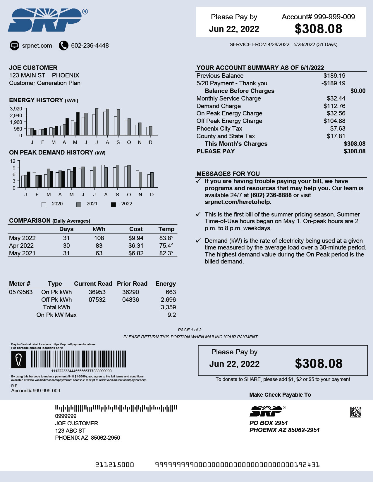 An example of what a bill for customers on solar price plans.
