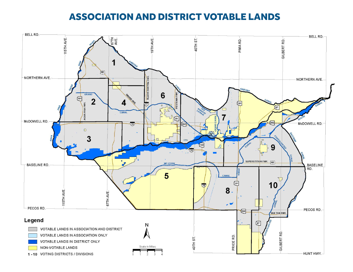 A map showing the voting boundaries of the 10 voting districts, along with voting eligibility status within each of those districts