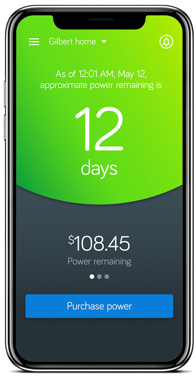 The MPower app screen indicating 12 days of power left. The screen is green. 