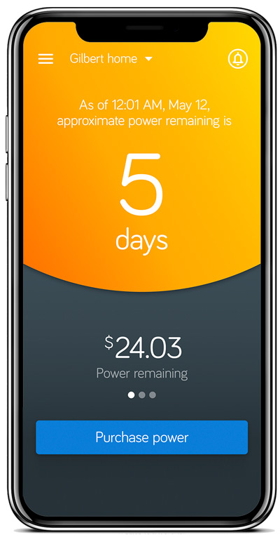The MPower app screen indicating 5 days of power left. The screen is yellow. 